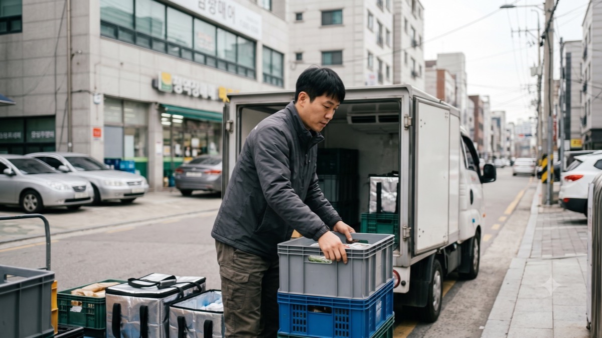 배송 차량에 장보기 상품을 싣는 한국인 배송 기사