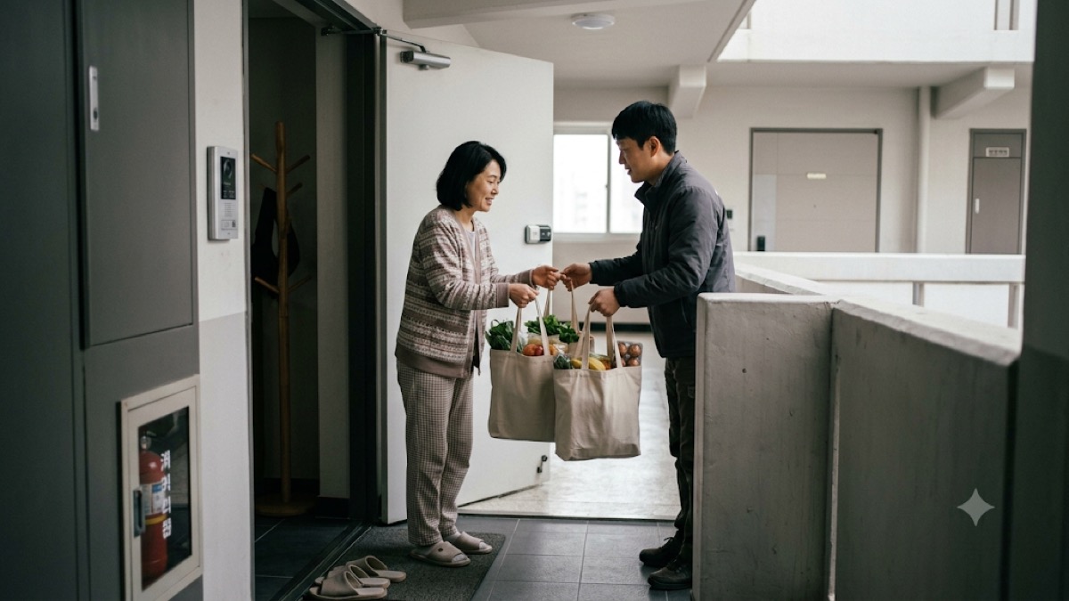 한국 아파트 현관에서 장보기 상품을 전달하는 한국인 배송 기사